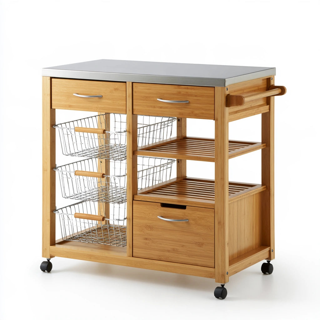 Carrello da cucina in bambù su ruote, colore bianco