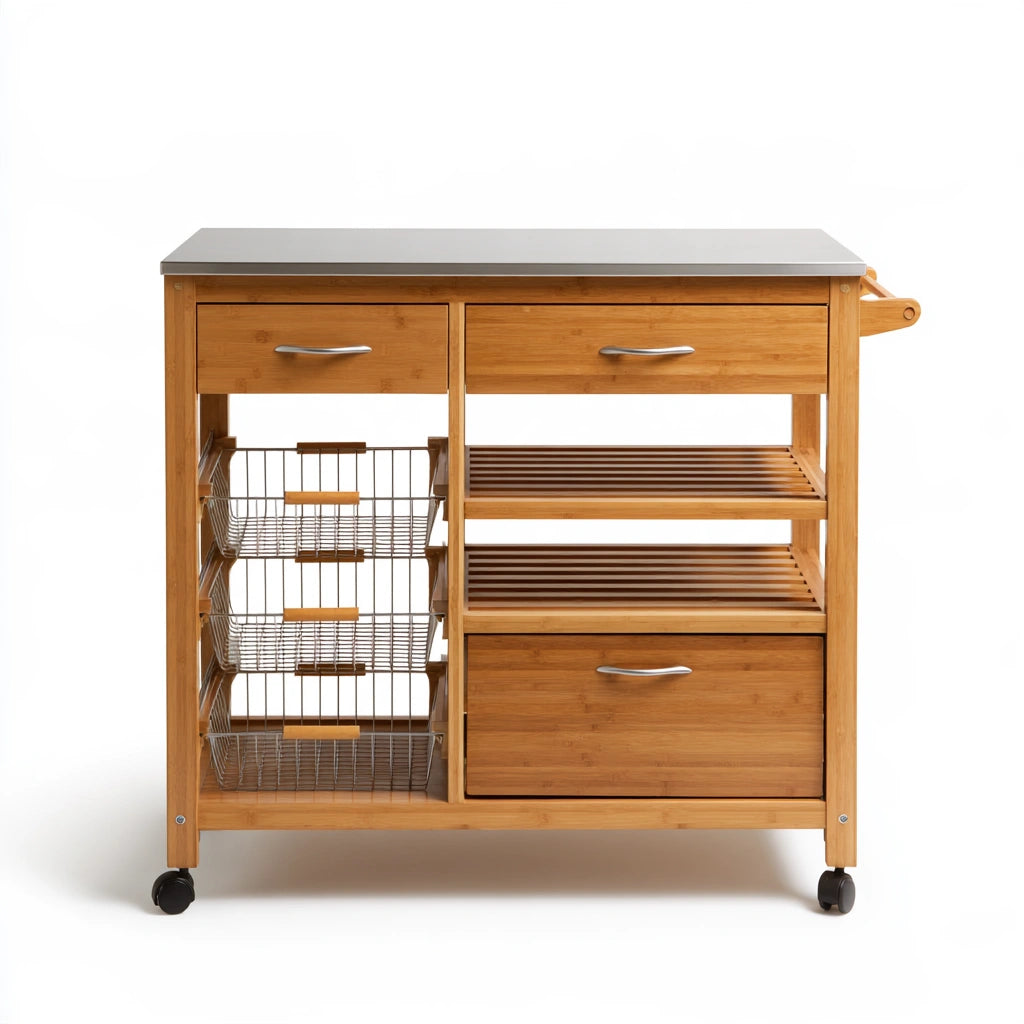Carrello da cucina in bambù su ruote, colore bianco