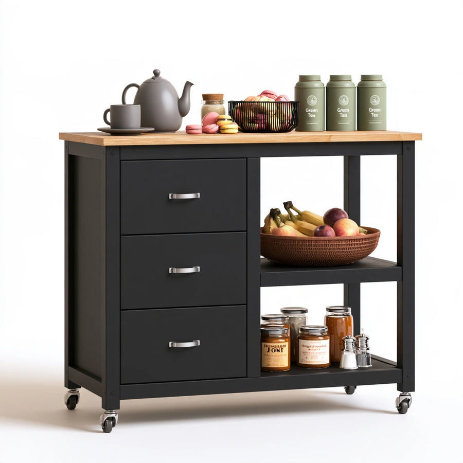Carrello da cucina in legno su ruote, colore nero e marrone chiaro