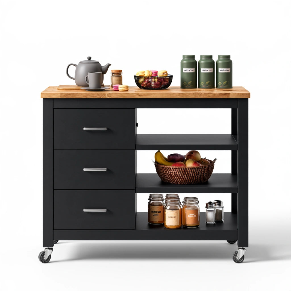 Carrello da cucina in legno su ruote, colore nero e marrone chiaro