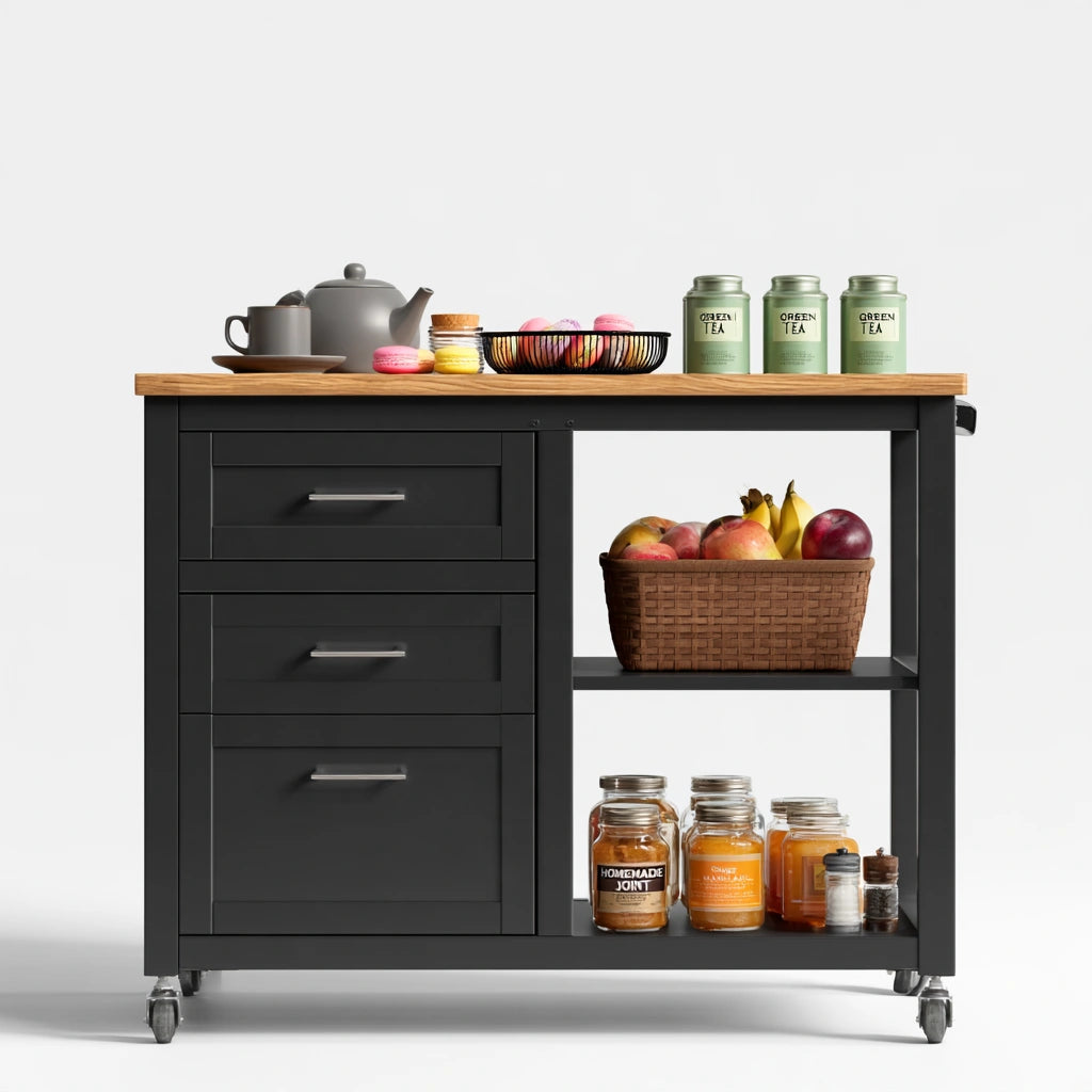 Carrello da cucina in legno su ruote, colore nero e marrone chiaro