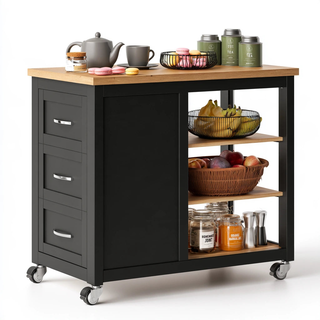 Carrello da cucina in legno su ruote, colore nero e marrone chiaro