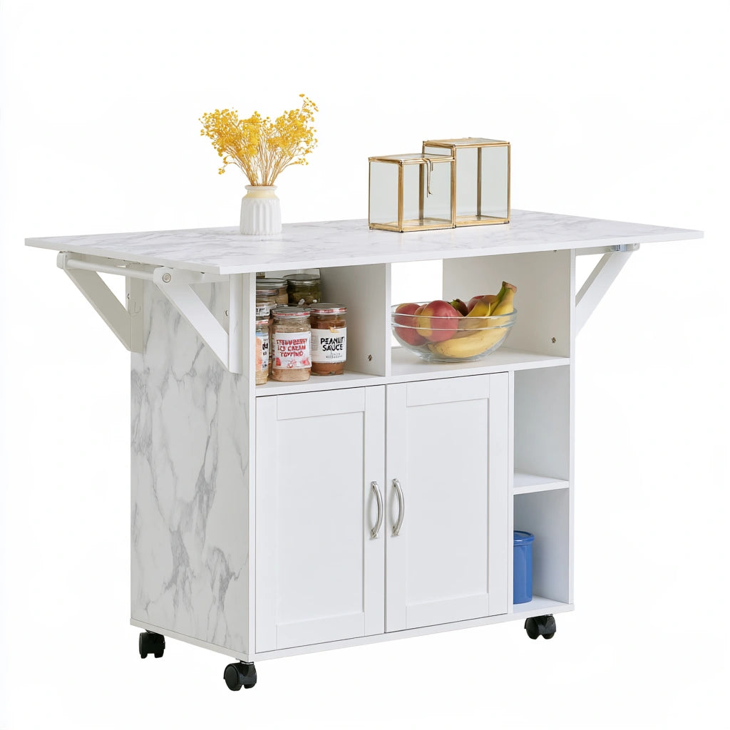 Isola da cucina mobile con finitura effetto marmo su ruote, colore bianco