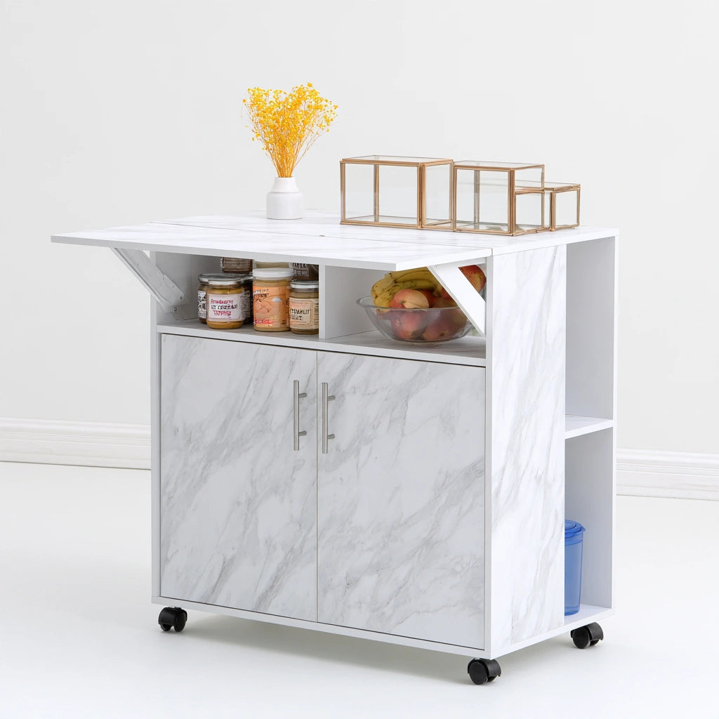 Isola da cucina mobile con finitura effetto marmo su ruote, colore bianco