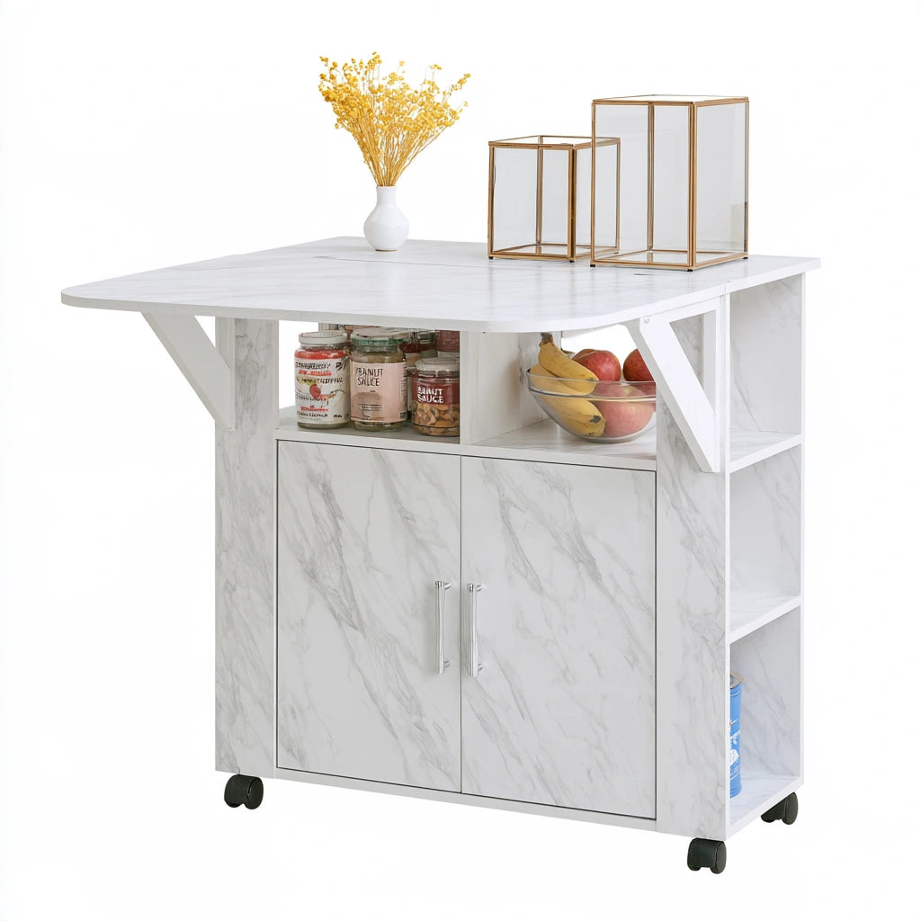 Isola da cucina mobile con finitura effetto marmo su ruote, colore bianco