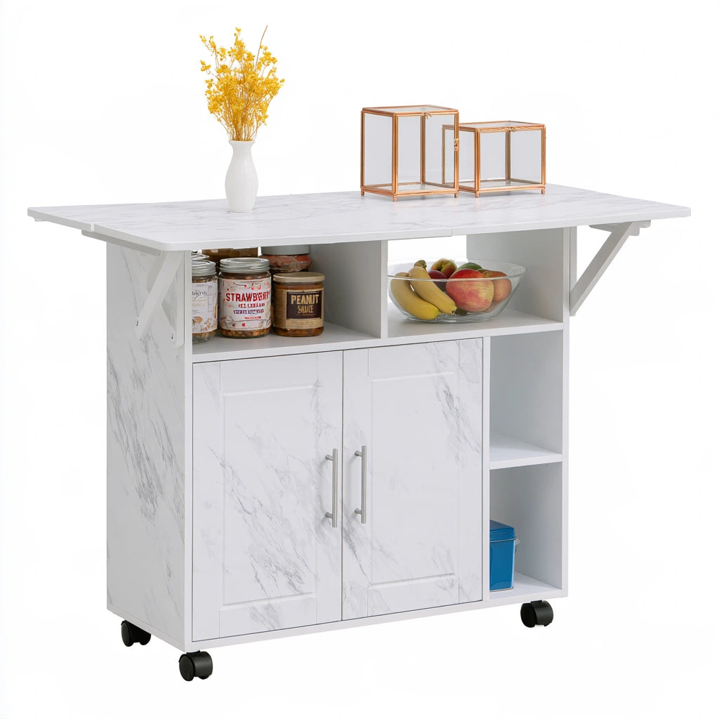 Isola da cucina mobile con finitura effetto marmo su ruote, colore bianco