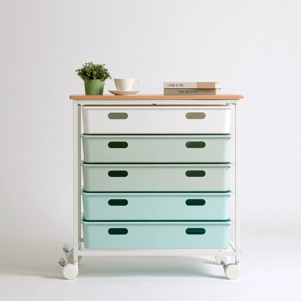 Carrello portaoggetti in legno su ruote, colore bianco e marrone chiaro