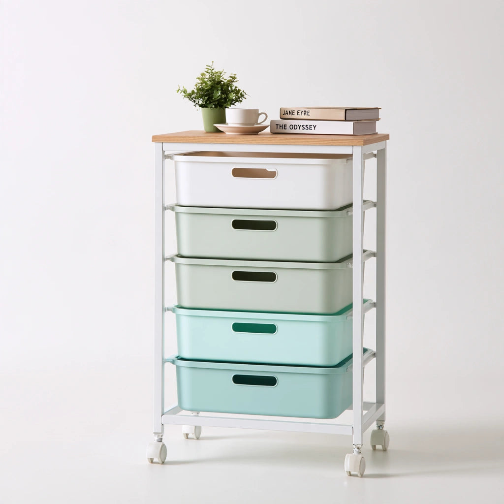 Carrello portaoggetti in legno su ruote, colore bianco e marrone chiaro