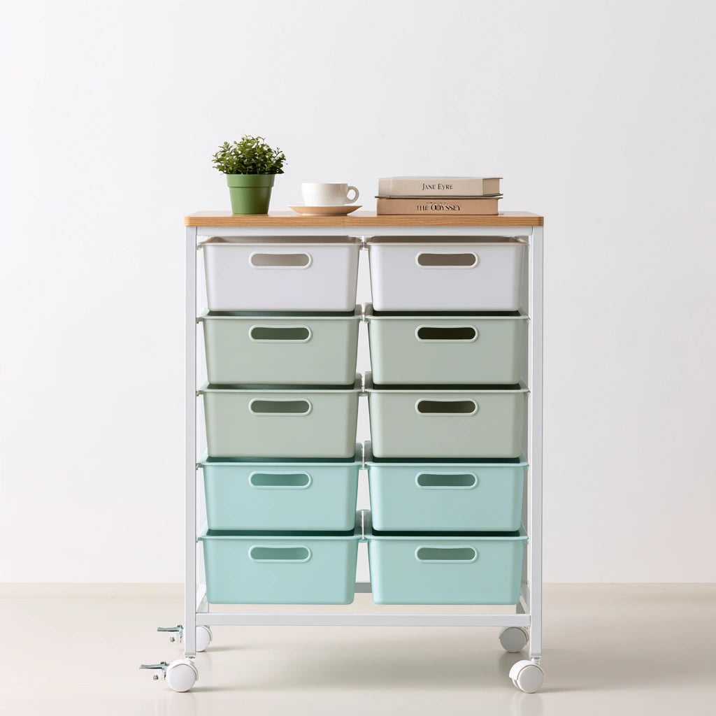 Carrello portaoggetti in legno su ruote, colore bianco e marrone chiaro